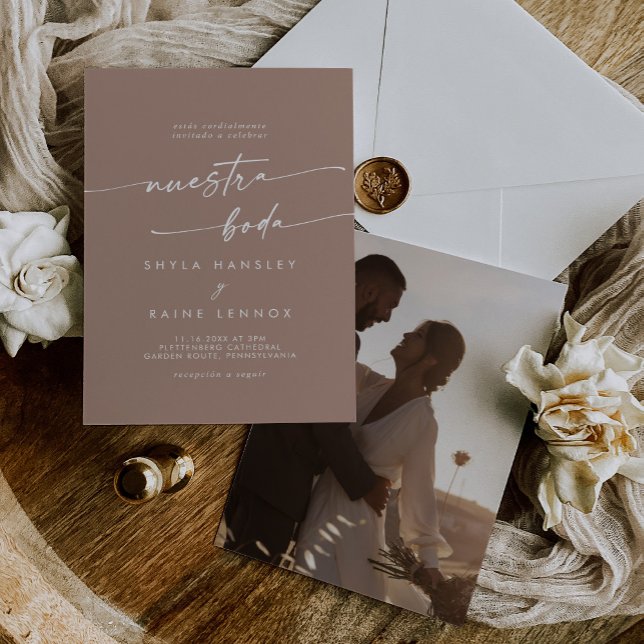 Invitation Boho Chic Neutral Taupe Photo Mariage espagnol (Créateur téléchargé)