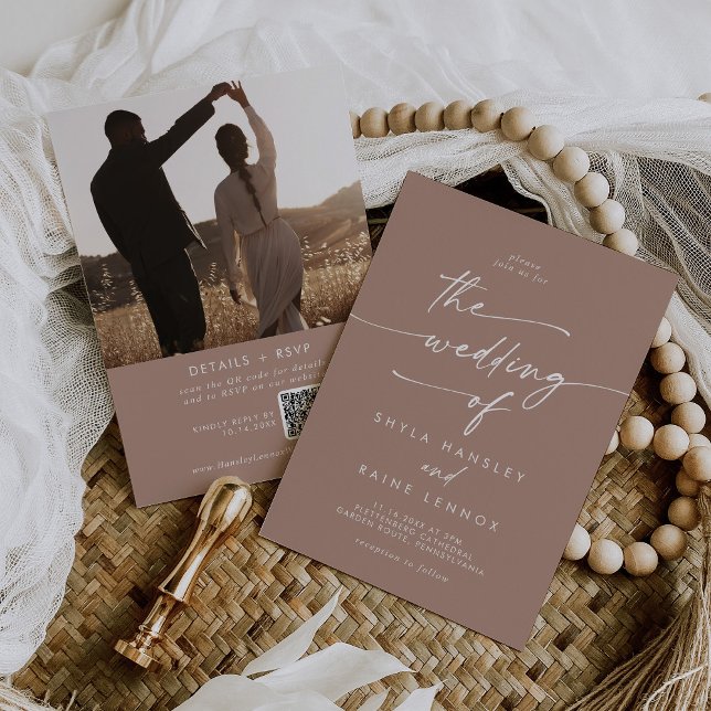 Invitation Boho Chic Neutral Taupe Photo QR Code Mariage (Créateur téléchargé)