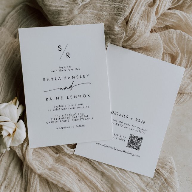 Invitation Boho Chic noir et blanc Monogramme QR Code Mariage (Créateur téléchargé)