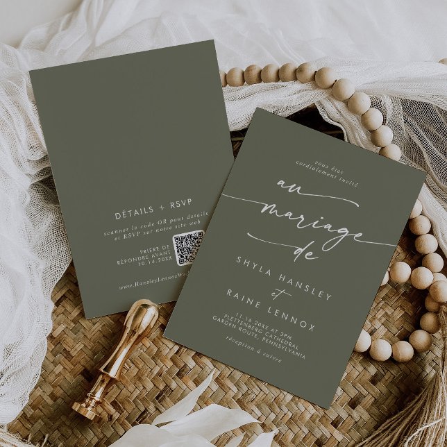 Invitation Boho Chic Olive Green QR Code Mariage français (Créateur téléchargé)