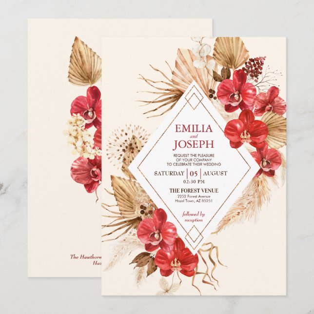 Invitation Boho chic or rouge Frame & rouge mariage de automn (Devant / Derrière)