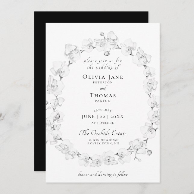 Invitation Boho Chic Orchid Floral Wreath Black White Mariage (Devant / Derrière)