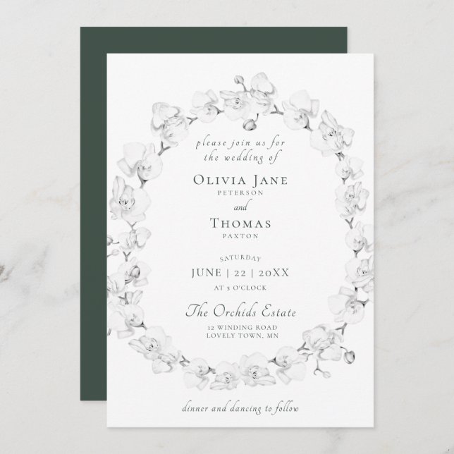 Invitation Boho Chic Orchid Floral Wreath Green Art Mariage (Devant / Derrière)