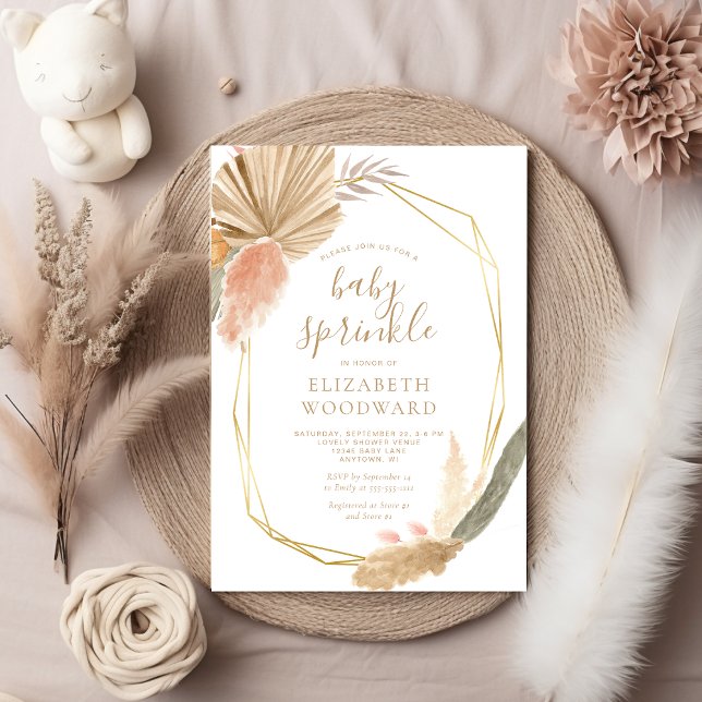Invitation Boho Chic Pampas Grass Gold Frame Baby Sprinky (Créateur téléchargé)
