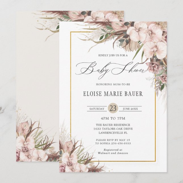 Invitation Boho Chic Pampas Grass Orchid Baby shower Floral (Devant / Derrière)