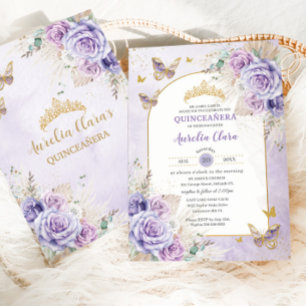 Invitation Boho Chic Pampas Purple Lilac Floral Quinceañera