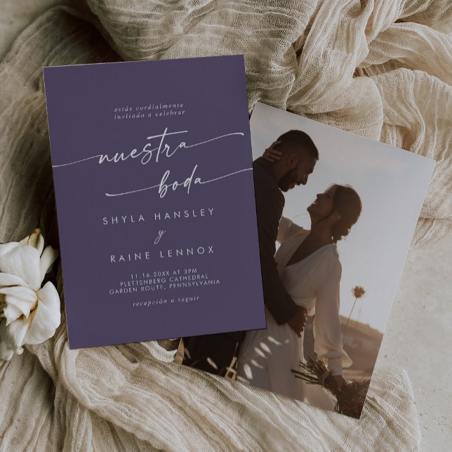 Invitation Boho Chic Plum Purple Photo Mariage espagnol (Créateur téléchargé)