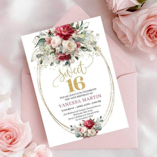 Invitation Boho Chic Red White Gold Floral Sweet 16 Birthday (Chic Red White Gold Floral Sweet 16 Birthday Invite)