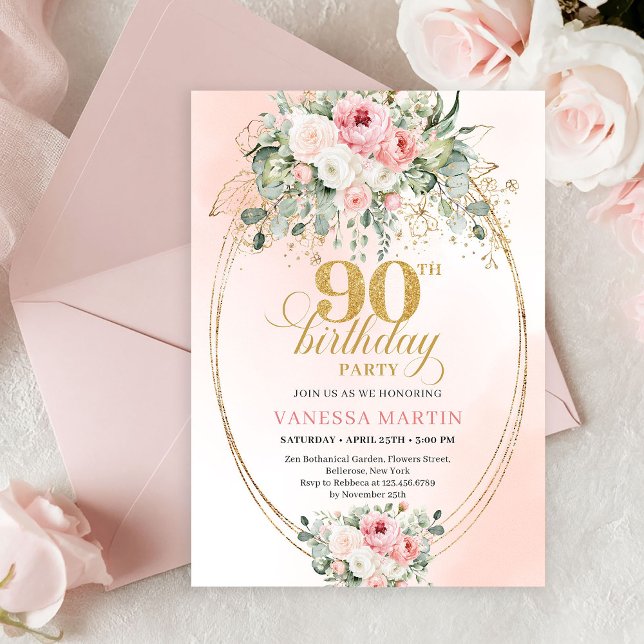 Invitation Boho Chic Rose Pâle Floral Végétation Doré 90e Ann (Boho Chic Blush Floral Greenery 90th Birthday Invite)