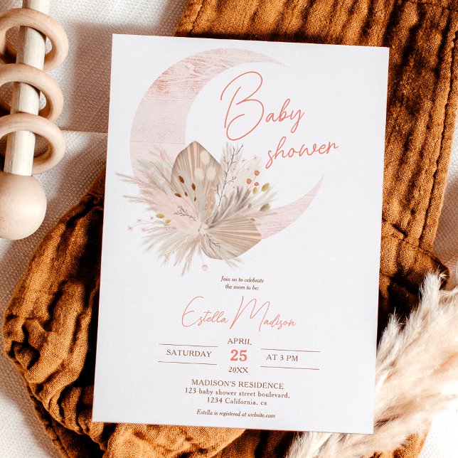 Invitation Boho chic rustique pampas baby shower lune fleurie (Créateur téléchargé)