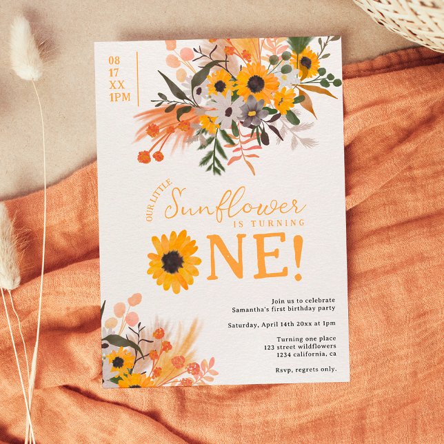 Invitation Boho chic rustique tournesols orange 1er anniversa (Créateur téléchargé)
