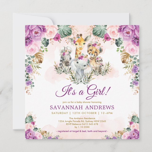 Invitation Boho Chic Safari Jungle Animaux Baby shower fille (Devant)