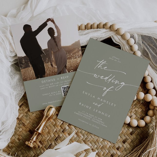 Invitation Boho Chic Sage Green Photo QR Code Mariage (Créateur téléchargé)