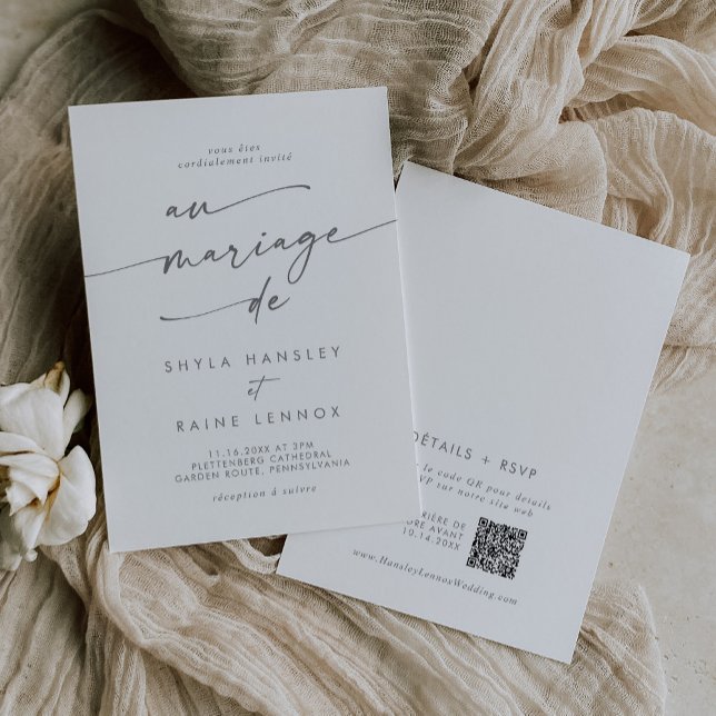 Invitation Boho Chic Silver Grey QR Code Mariage français (Créateur téléchargé)