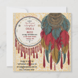 Invitation Boho chic tassels, plumes et noeuds mariage