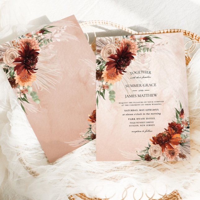 Invitation Boho Chic Terracotta Floral Pampas Grass Mariage (Créateur téléchargé)