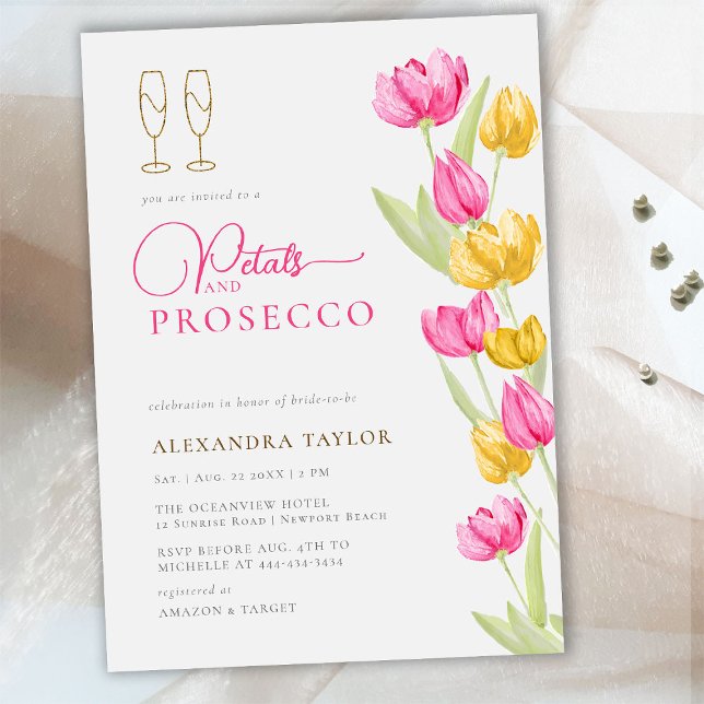 Invitation Boho Chic Tulipes Jaunes Rose Pétales D'Or Prosecc (Créateur téléchargé)