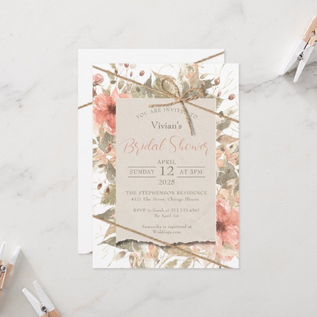 Invitation Boho Chic Twine Bow Cravate nuptiale douche Invita (Devant/Arrière en situation)