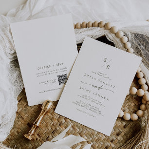 Invitation Boho Chic vert et blanc Monogramme QR Code Mariage