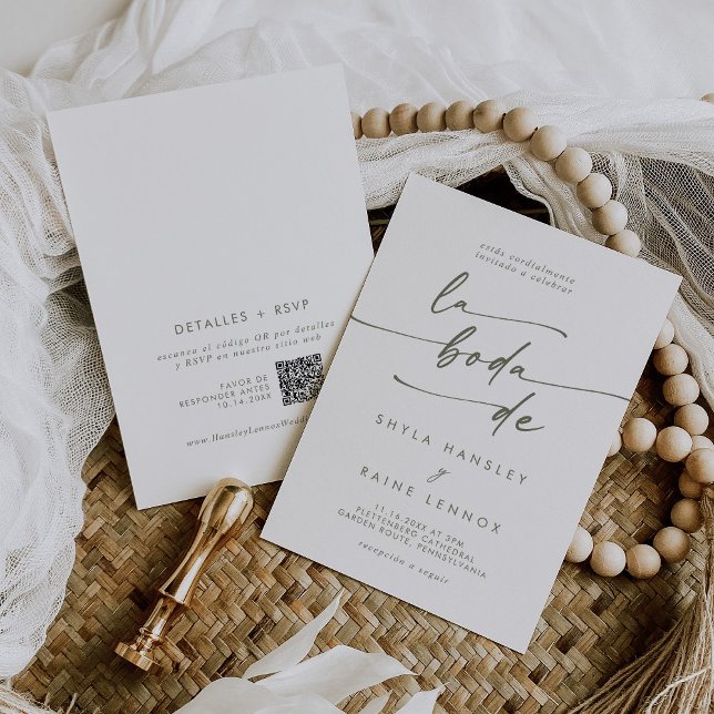 Invitation Boho Chic Vert et Blanc QR Code Espagnol Mariage (Créateur téléchargé)