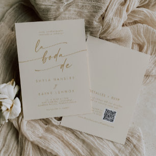 Invitation Boho Chic Vintage Gold QR Code Mariage espagnol