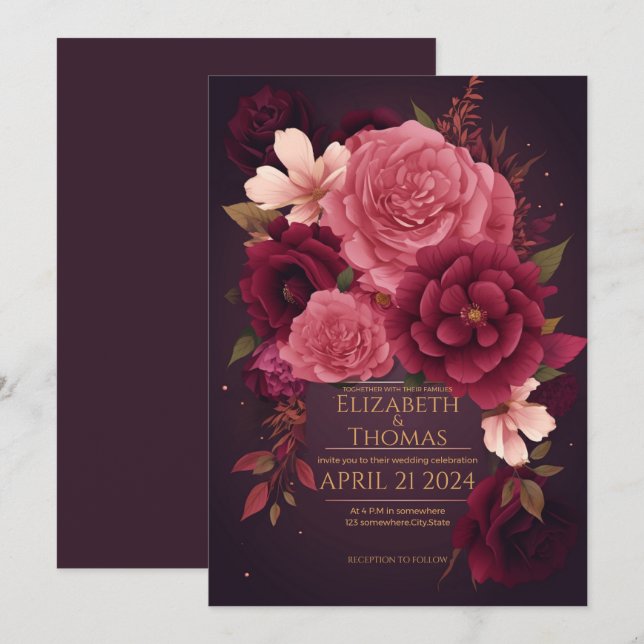 Invitation Boho Chic Violet et Dark Purple. (Devant / Derrière)