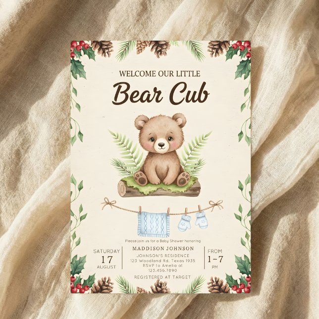 Invitation boho chic woodland bear greenery baby shower (Créateur téléchargé)