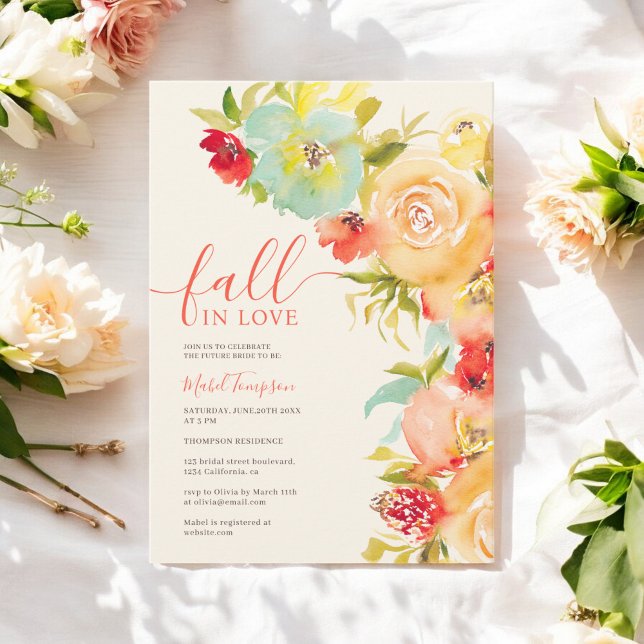 Invitation Boho Chute amoureuse aquarelle fleurie douche nupt (Boho Fall in love floral watercolor bridal shower Invitation)
