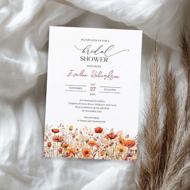 Invitation Boho chute d'aquarelle orange jaune fleurs sauvage (Boho watercolor fall orange yellow wildflowers invitation)