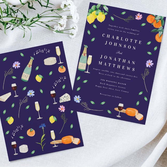 Invitation Boho Citron & Vin Mariage Bleu Nuit (Wildflower boho citrus floral wine and cheese navy blue Wedding invitation barn backyard wedding)