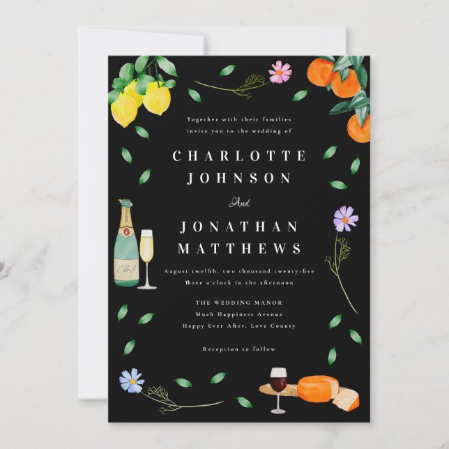 Invitation Boho Citron & Vin Mariage Noir & Blanc (Devant)