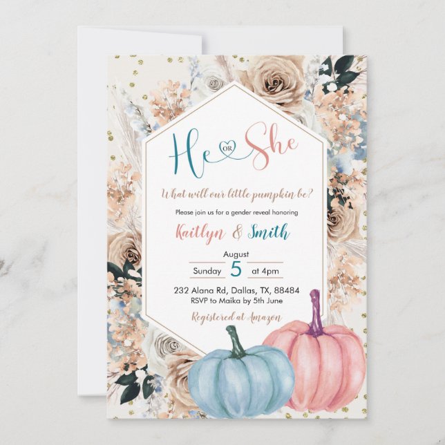 Invitation Boho Citrouille Fall He or She ou She Genre Reveil (Devant)