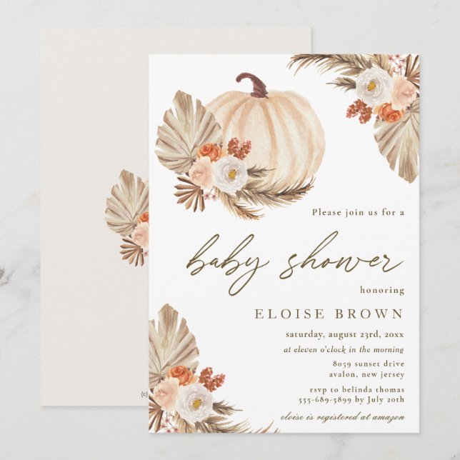 Invitation Boho Citrouille Pampas Baby shower Floral Grass (Devant / Derrière)