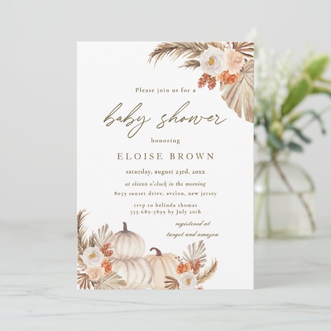 Invitation Boho Citrouille Pampas Grass Baby shower d'automne (Debout devant)