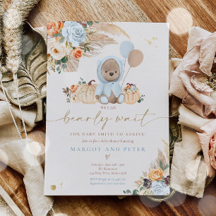 Invitation Boho Citrouille Teddy Bear Blue Boy Baby shower