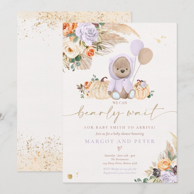 Invitation Boho Citrouille Teddy Bear Lilac Bear Baby shower (Devant / Derrière)