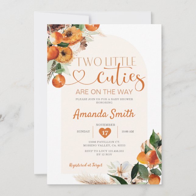 Invitation Boho Citrus Orange Deux petites cuites sont en rou (Devant)