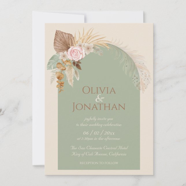 Invitation Boho Classé Moderne Rustique Beige Mint Mariage (Devant)