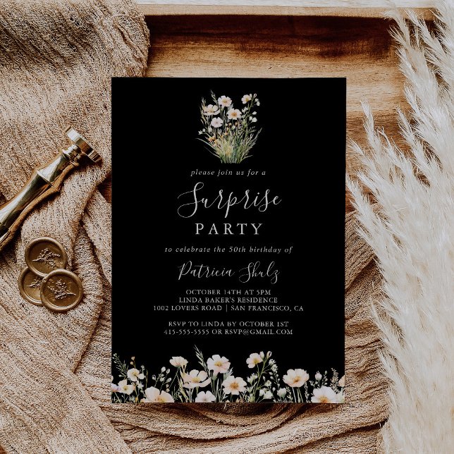 Invitation Boho classique Blush Fleur sauvage Black Surprise  (Créateur téléchargé)