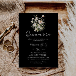 Invitation Boho classique Fleur sauvage noir Quinceañera