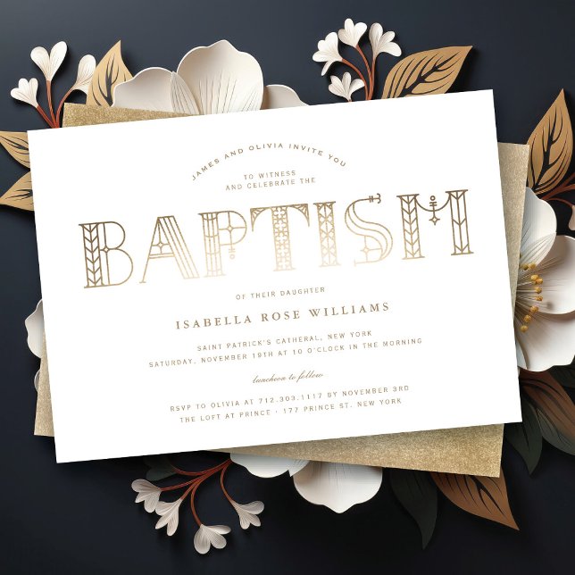 Invitation Boho Classy Gold/White Typographie Élégant Baptême (Boho Classy Gold/White Typography Elegant Baptism Religious Invitation @ fat_fa_tin)
