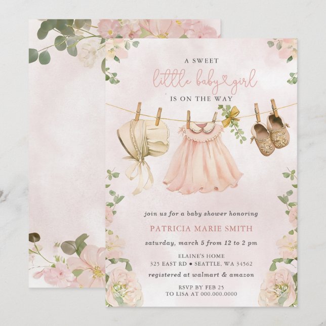Invitation Boho Clothesline floral Baby shower fille (Devant / Derrière)