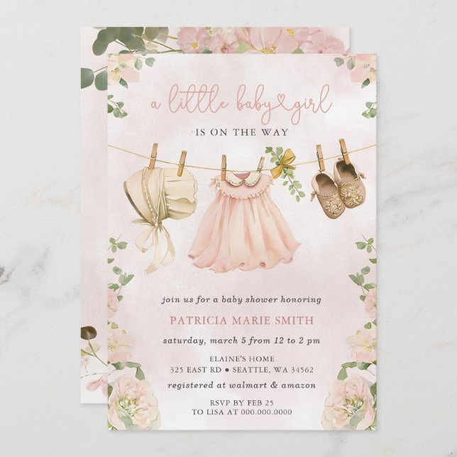 Invitation Boho Clothesline floral Baby shower fille (Devant / Derrière)