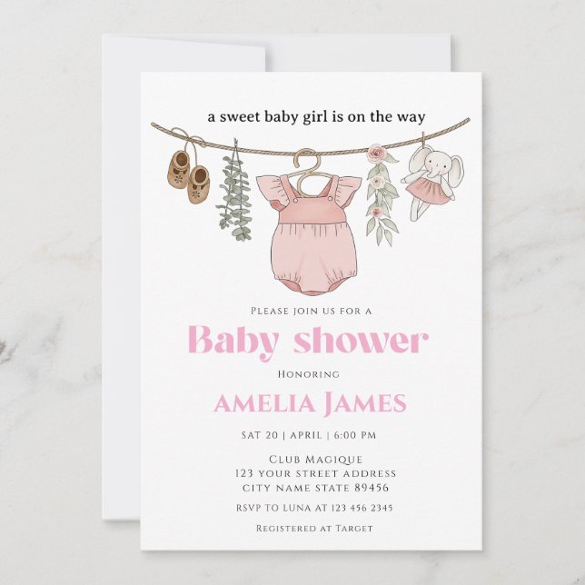 Invitation Boho Clothesline Girl Baby shower de vêtements pou (Devant)
