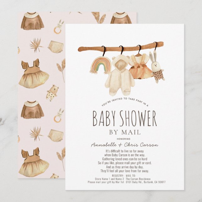 Invitation Boho Clothesline Girl Baby shower par courrier (Devant / Derrière)