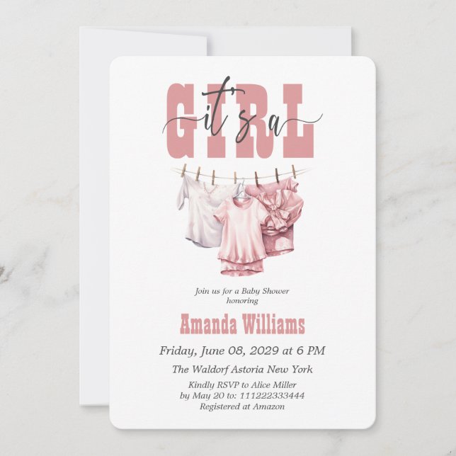 Invitation Boho Clothesline rose C'est un Baby shower fille (Devant)