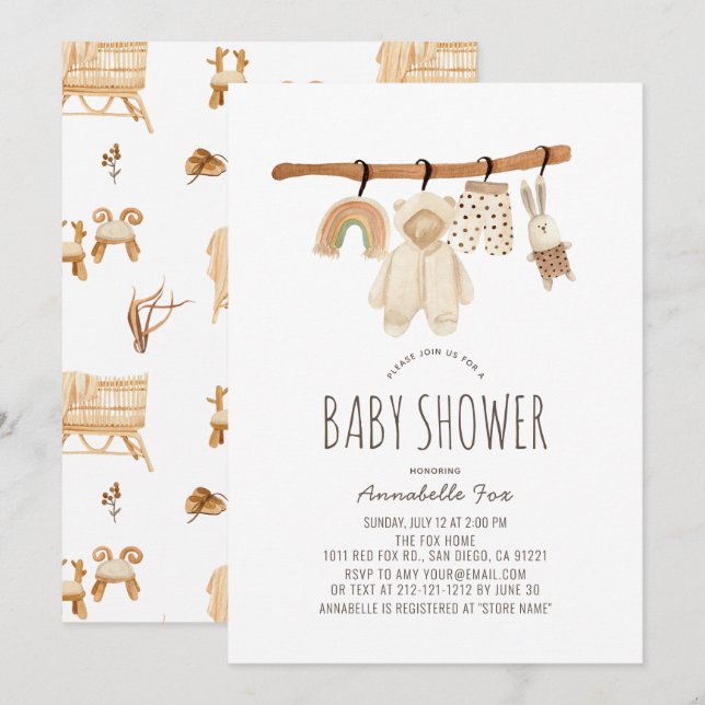 Invitation Boho Clothesline Sexe Baby shower neutre (Devant / Derrière)