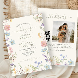 Invitation Boho code QR écriture sauvage fleurs des champs ve
