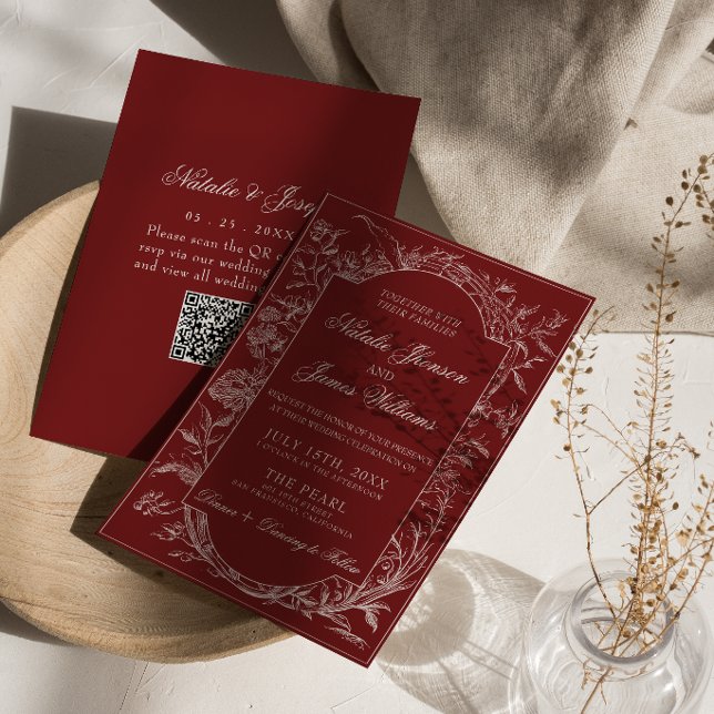 Invitation Boho Code QR Floral Rouge Foncé Botanique Mariage (Créateur téléchargé)