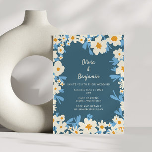 Invitation Boho coloré Bleu Jaune Blanc Floral Mariage
